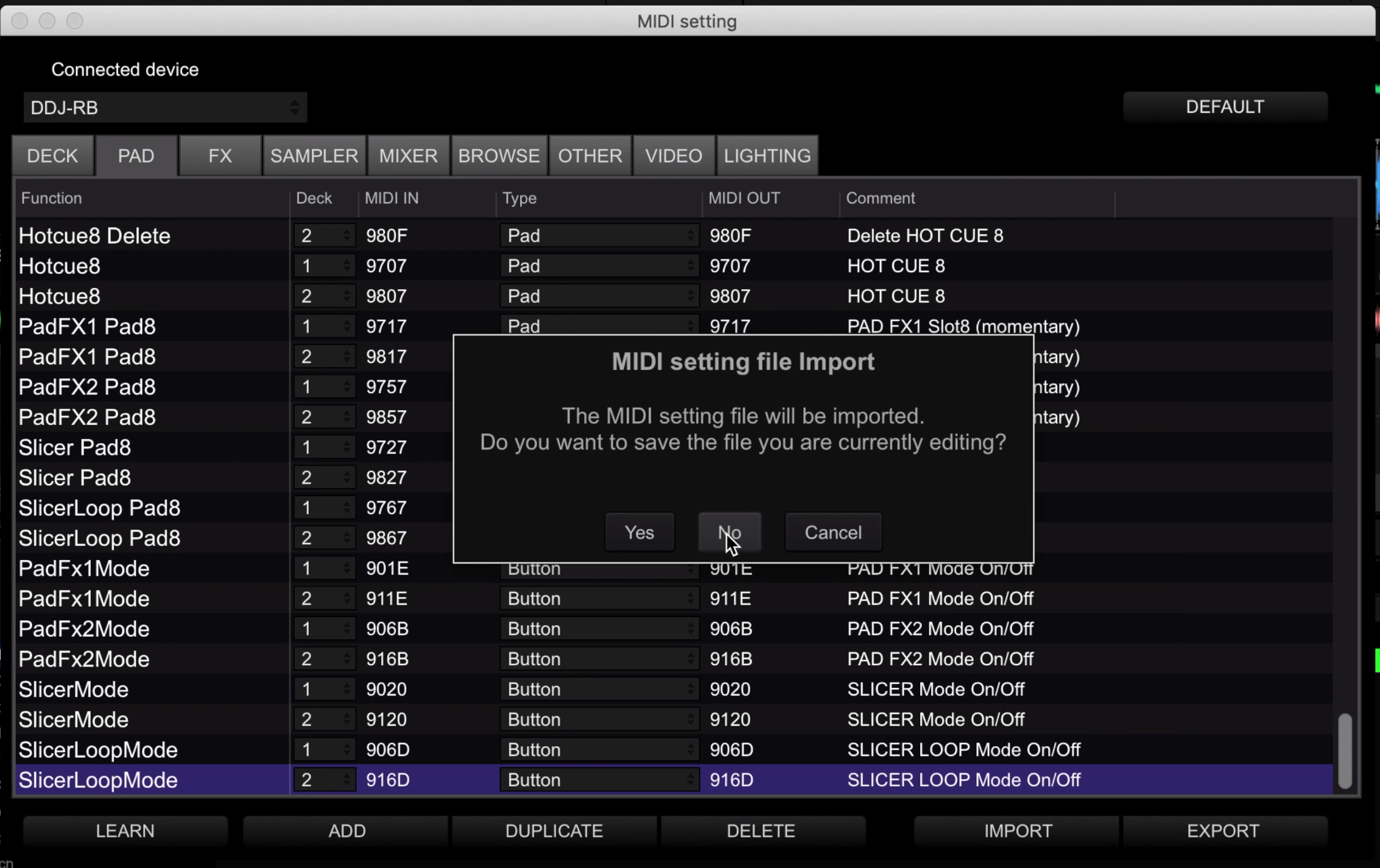 MIDI Map Dialogue Rekordbox